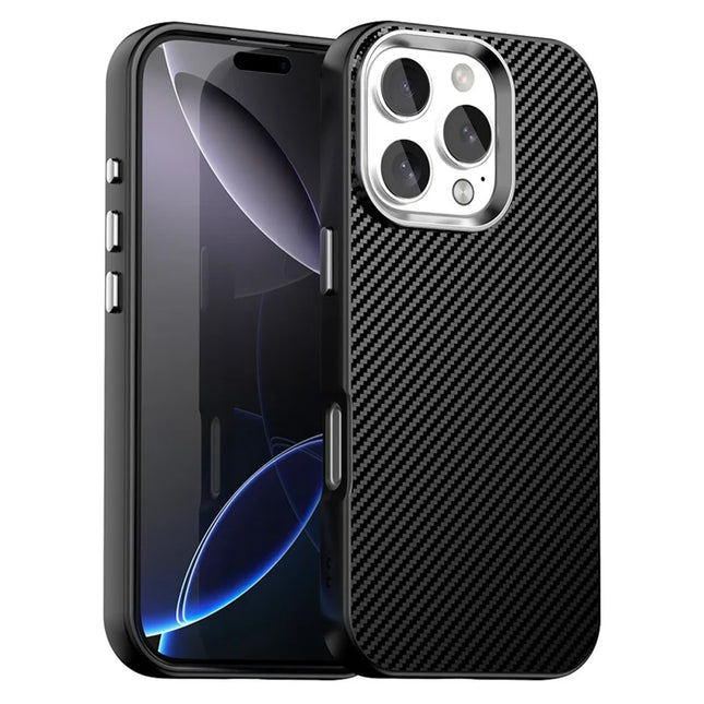 For iPhone 16 Pro Max Case Cell Phone Hybrid Back Cover Carbon Fiber Texture - Black