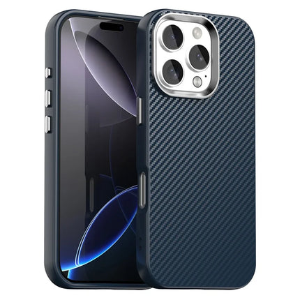 For iPhone 16 Pro Max Case Cell Phone Hybrid Back Cover Carbon Fiber Texture - Blue