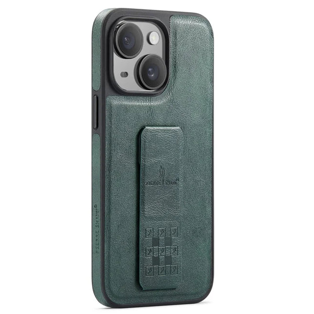 FIERRE SHANN For iPhone 14 Case Kickstand Leather Slim Back Cover - Green