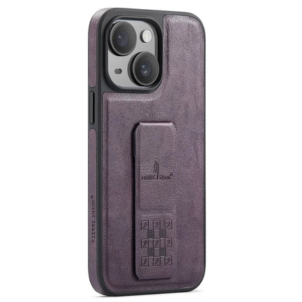 FIERRE SHANN For iPhone 14 Case Kickstand Leather Slim Back Cover - Purple
