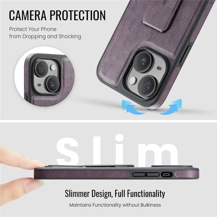 FIERRE SHANN For iPhone 14 Case Kickstand Leather Slim Back Cover