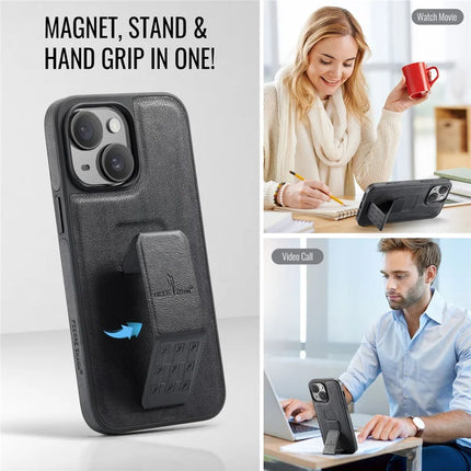 FIERRE SHANN For iPhone 14 Case Kickstand Leather Slim Back Cover
