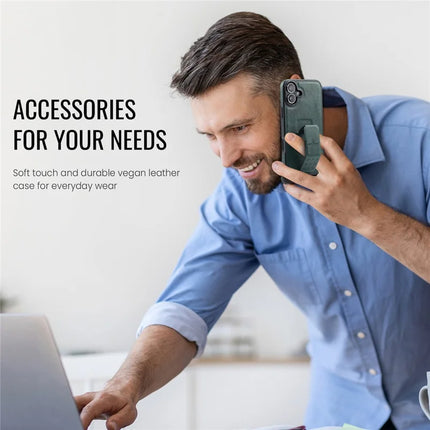 FIERRE SHANN For iPhone 16 Case Kickstand Leather Slim Back Cover