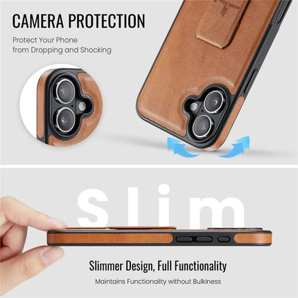 FIERRE SHANN For iPhone 16 Case Kickstand Leather Slim Back Cover