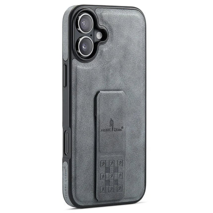FIERRE SHANN For iPhone 16 Case Kickstand Leather Slim Back Cover - Grey