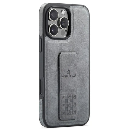 FIERRE SHANN For iPhone 16 Pro Case Kickstand Leather Slim Back Cover - Grey