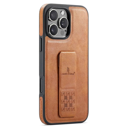 FIERRE SHANN For iPhone 16 Pro Max Case Kickstand Leather Slim Back Cover - Brown