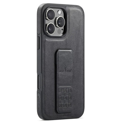 FIERRE SHANN For iPhone 16 Pro Max Case Kickstand Leather Slim Back Cover - Black