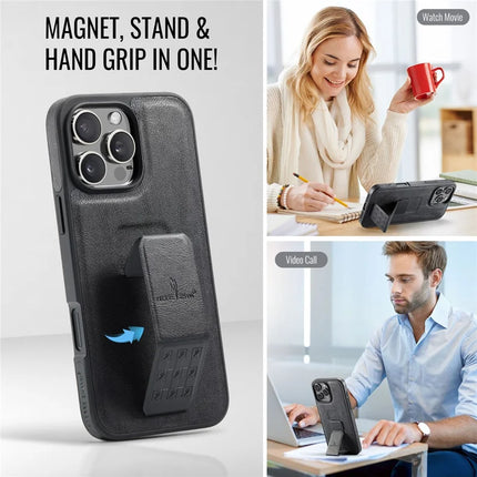 FIERRE SHANN For iPhone 16 Pro Max Case Kickstand Leather Slim Back Cover