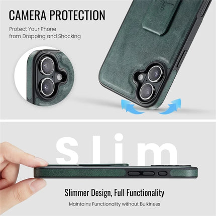 FIERRE SHANN For iPhone 16 Plus Case Kickstand Leather Slim Back Cover