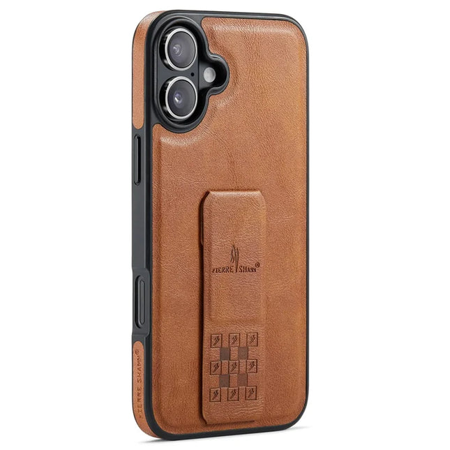 FIERRE SHANN For iPhone 16 Plus Case Kickstand Leather Slim Back Cover - Brown