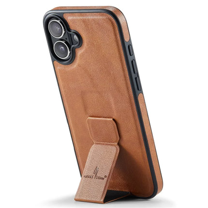 FIERRE SHANN For iPhone 16 Plus Case Kickstand Leather Slim Back Cover