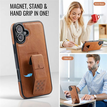FIERRE SHANN For iPhone 16 Plus Case Kickstand Leather Slim Back Cover