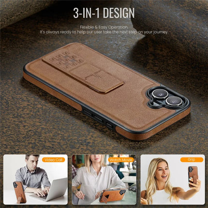 FIERRE SHANN For iPhone 16 Plus Case Kickstand Leather Slim Back Cover