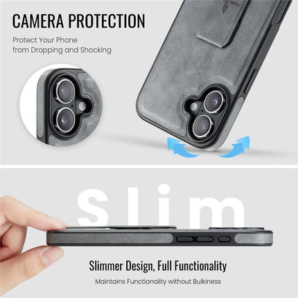 FIERRE SHANN For iPhone 16 Plus Case Kickstand Leather Slim Back Cover