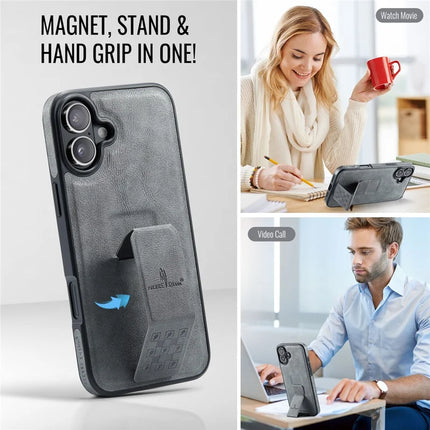 FIERRE SHANN For iPhone 16 Plus Case Kickstand Leather Slim Back Cover