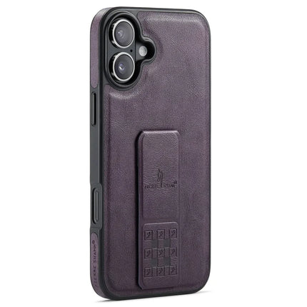 FIERRE SHANN For iPhone 16 Plus Case Kickstand Leather Slim Back Cover - Purple