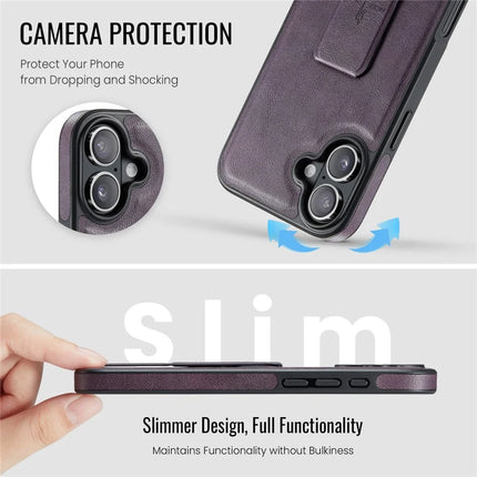 FIERRE SHANN For iPhone 16 Plus Case Kickstand Leather Slim Back Cover