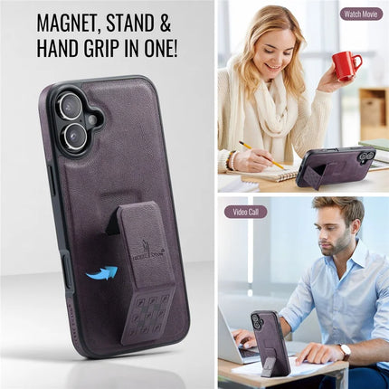 FIERRE SHANN For iPhone 16 Plus Case Kickstand Leather Slim Back Cover