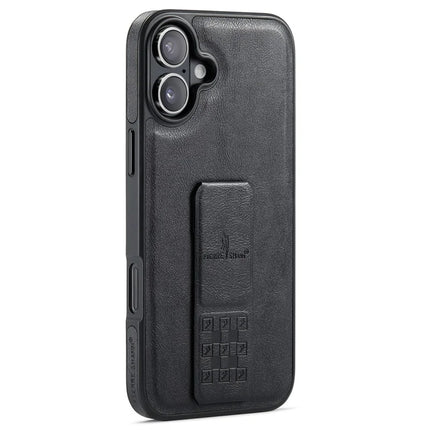 FIERRE SHANN For iPhone 16 Plus Case Kickstand Leather Slim Back Cover - Black