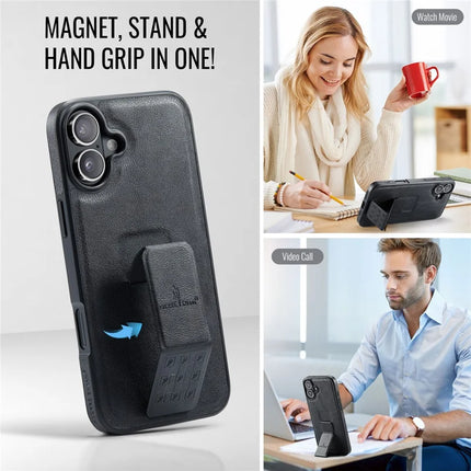 FIERRE SHANN For iPhone 16 Plus Case Kickstand Leather Slim Back Cover
