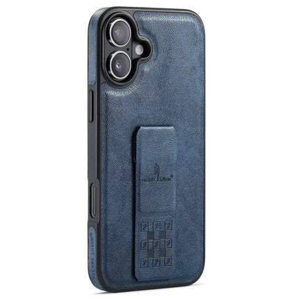 FIERRE SHANN For iPhone 16 Plus Case Kickstand Leather Slim Back Cover - Blue