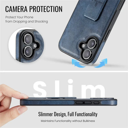 FIERRE SHANN For iPhone 16 Plus Case Kickstand Leather Slim Back Cover
