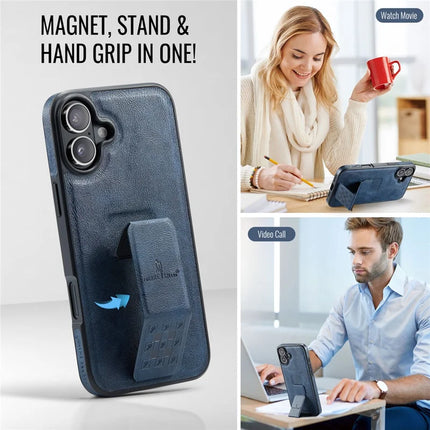 FIERRE SHANN For iPhone 16 Plus Case Kickstand Leather Slim Back Cover