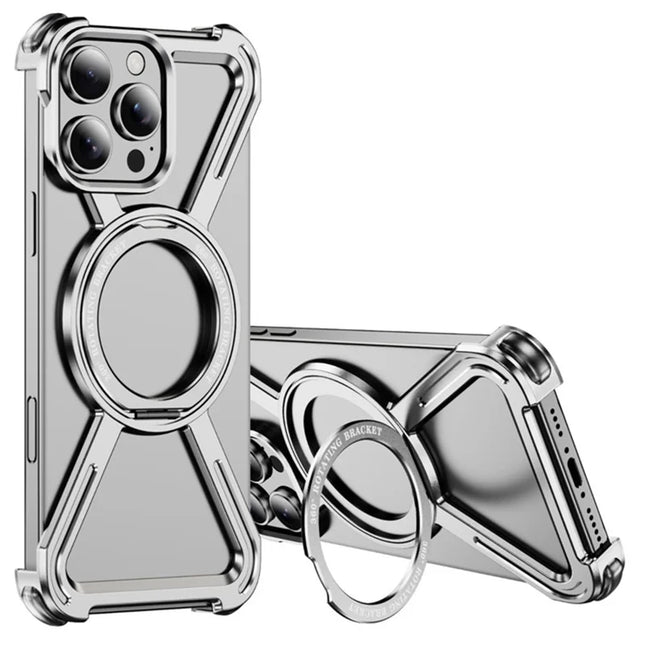 For iPhone 16 Pro Max Magnetic Case Rotating Kickstand Metal Bumper Phone Cover - Silver