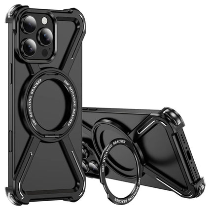 For iPhone 16 Pro Max Magnetic Case Rotating Kickstand Metal Bumper Phone Cover - Black