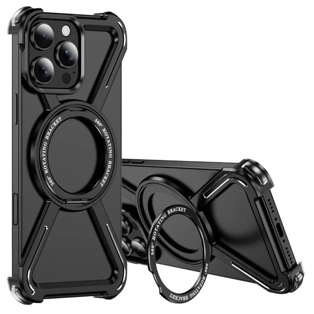 For iPhone 16 Pro Max Magnetic Case Rotating Kickstand Metal Bumper Phone Cover - Black