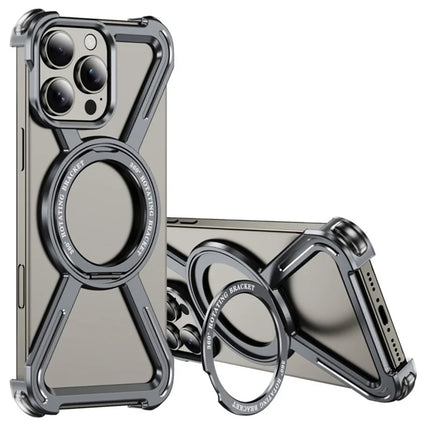 For iPhone 16 Pro Max Magnetic Case Rotating Kickstand Metal Bumper Phone Cover - Grey