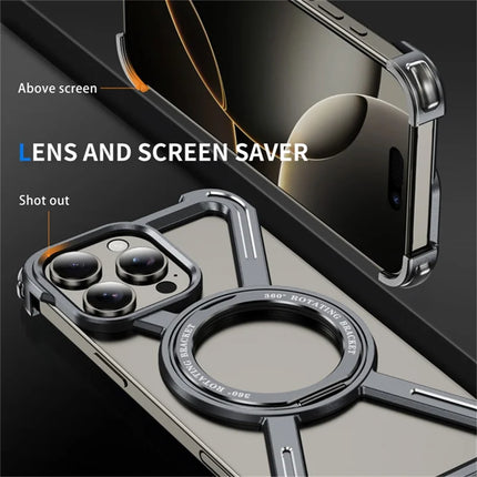 For iPhone 16 Pro Max Magnetic Case Rotating Kickstand Metal Bumper Phone Cover
