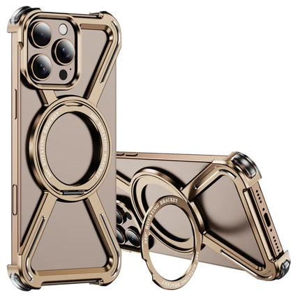 For iPhone 16 Pro Max Magnetic Case Rotating Kickstand Metal Bumper Phone Cover - Gold