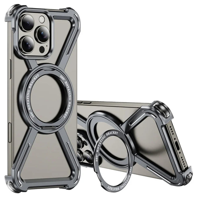 For iPhone 16 Pro Magnetic Case Rotating Kickstand Metal Bumper Phone Cover - Grey