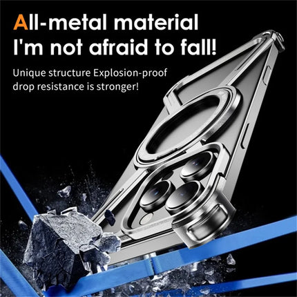 For iPhone 16 Pro Magnetic Case Rotating Kickstand Metal Bumper Phone Cover