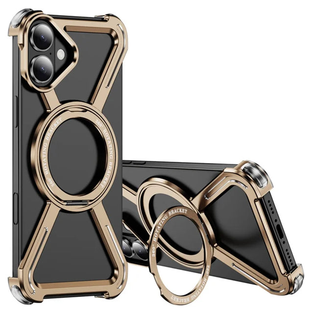 For iPhone 16 Plus Magnetic Case Rotating Kickstand Metal Bumper Phone Cover - Gold