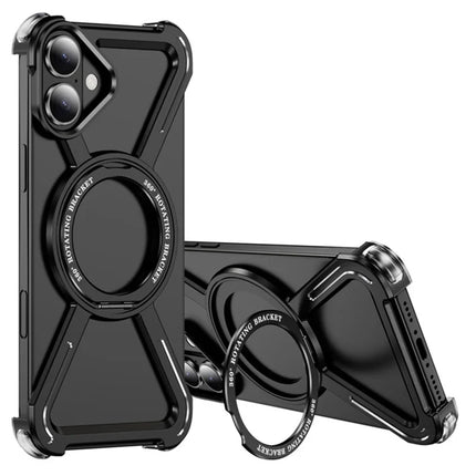 For iPhone 16 Plus Magnetic Case Rotating Kickstand Metal Bumper Phone Cover - Black