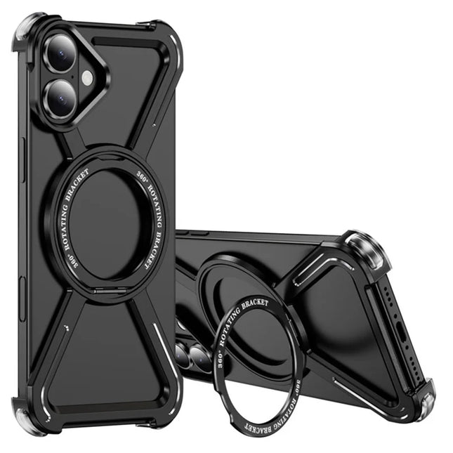 For iPhone 16 Plus Magnetic Case Rotating Kickstand Metal Bumper Phone Cover - Black
