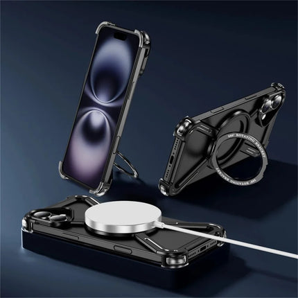 For iPhone 16 Plus Magnetic Case Rotating Kickstand Metal Bumper Phone Cover