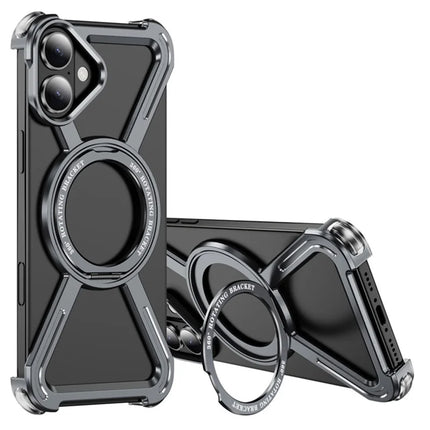 For iPhone 16 Plus Magnetic Case Rotating Kickstand Metal Bumper Phone Cover - Grey