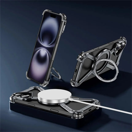 For iPhone 16 Plus Magnetic Case Rotating Kickstand Metal Bumper Phone Cover