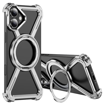 For iPhone 16 Plus Magnetic Case Rotating Kickstand Metal Bumper Phone Cover - Silver