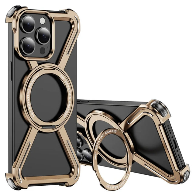 For iPhone 15 Pro Max Magnetic Case Rotating Kickstand Metal Bumper Phone Cover - Gold