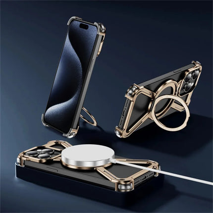For iPhone 15 Pro Max Magnetic Case Rotating Kickstand Metal Bumper Phone Cover