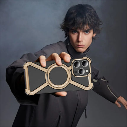 For iPhone 15 Pro Max Magnetic Case Rotating Kickstand Metal Bumper Phone Cover