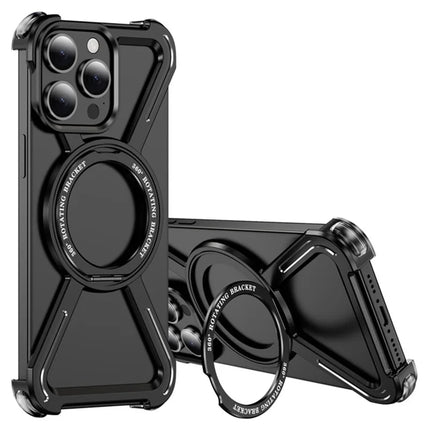 For iPhone 15 Pro Max Magnetic Case Rotating Kickstand Metal Bumper Phone Cover - Black