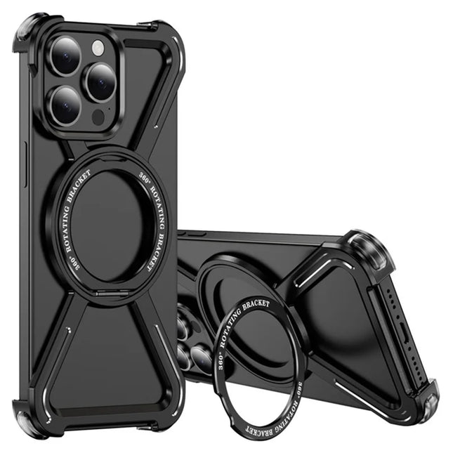 For iPhone 15 Pro Max Magnetic Case Rotating Kickstand Metal Bumper Phone Cover - Black