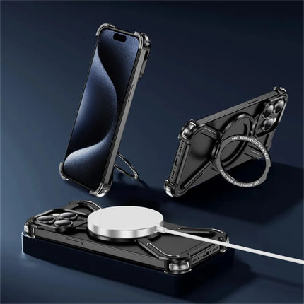 For iPhone 15 Pro Max Magnetic Case Rotating Kickstand Metal Bumper Phone Cover