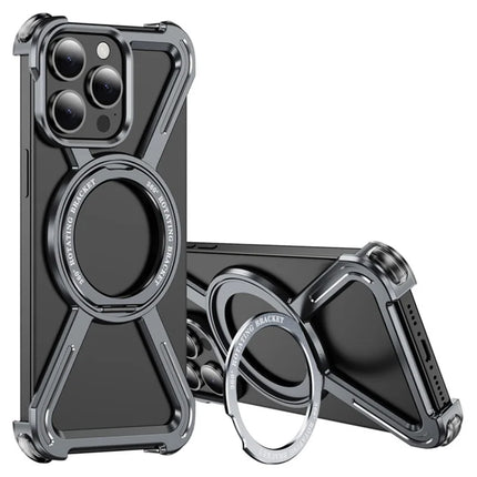 For iPhone 15 Pro Max Magnetic Case Rotating Kickstand Metal Bumper Phone Cover - Grey